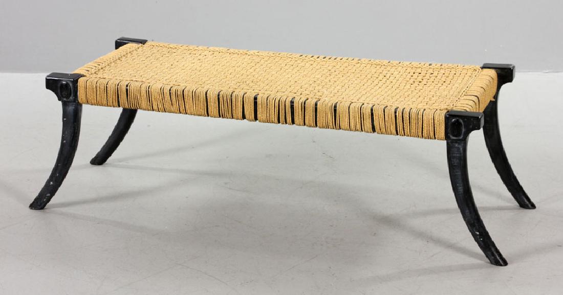 Robsjohn Gibbings Greek Klismos Bench: Greek-style Klismos bench, by T. H. Robsjohn-Gibbings (British, 1905–1976), on saber legs, 15 1/2" h x 56" w x 21" d. Provenance: From the lifetime collection of Cheryl Burke of Sarasota, Florida.