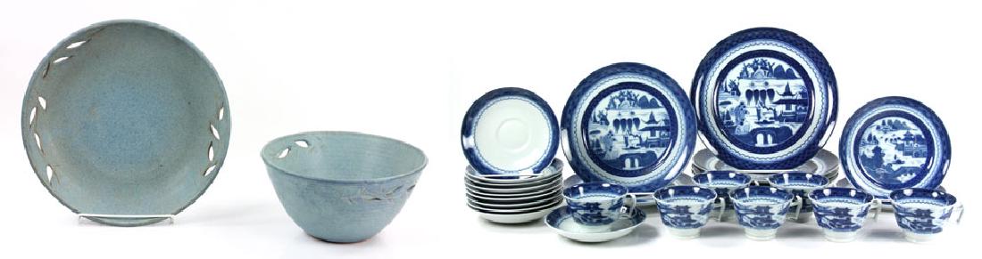 Set of Mottahedeh Porcelain: Set of Mottahedeh porcelain, "Historic Charleston" pattern, to include: four plates, 10" dia; two plates, 8 5/8" dia; two plates, 6 7/8" dia; five cups, 3 5/8" dia; and ten saucers, 5 5/8" dia; also t