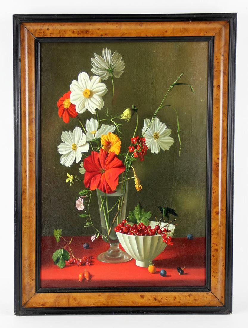 Renard, Floral Still Life, Oil on Canvas: Fernand Renard (French, 1912-?), photorealistic floral still life, oil on canvas; 20 7/8" h x 14 1/4" w (view), 25" h x 18 1/2" w (frame). Provenance: From the estate of Baroness Mary McFall de Gunzbu