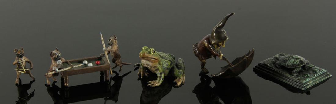 Lot of Vienna Bronze Figures: Lot of five Vienna bronze figures, to include: dogs playing pool, gnome with umbrella, turtle and bullfrog, 2 1/2" l (bullfrog).