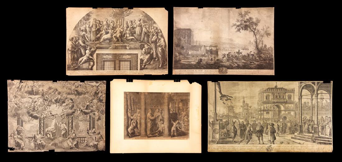 Five 18th C. Engravings: Lot of five 18th century engravings, to include: "The Lame Man Healed by Peter and John," 9 5/8" h x 13 3/8" w, laid down on cardboard with toning; after Raphael, "The Parnassus" from the Stanza della