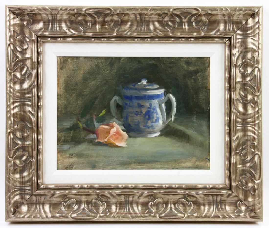 Foster, Still Life, Oil on Canvas: Susan Foster, still life with Chinese blue and white porcelain jar and rose; 8 3/4" h x 11 1/2" w (view), 16" h x 19" w (frame). Provenance: From the lifetime collection of Cheryl Burke of Sarasota, F