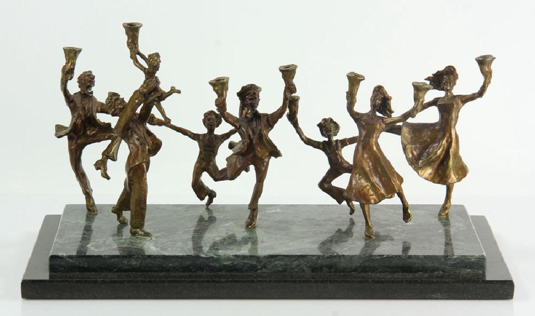Bronze Menorah: Menorah, bronze on green marble base, 12" h x 20" w x 10" d. Provenance: From a California collection.