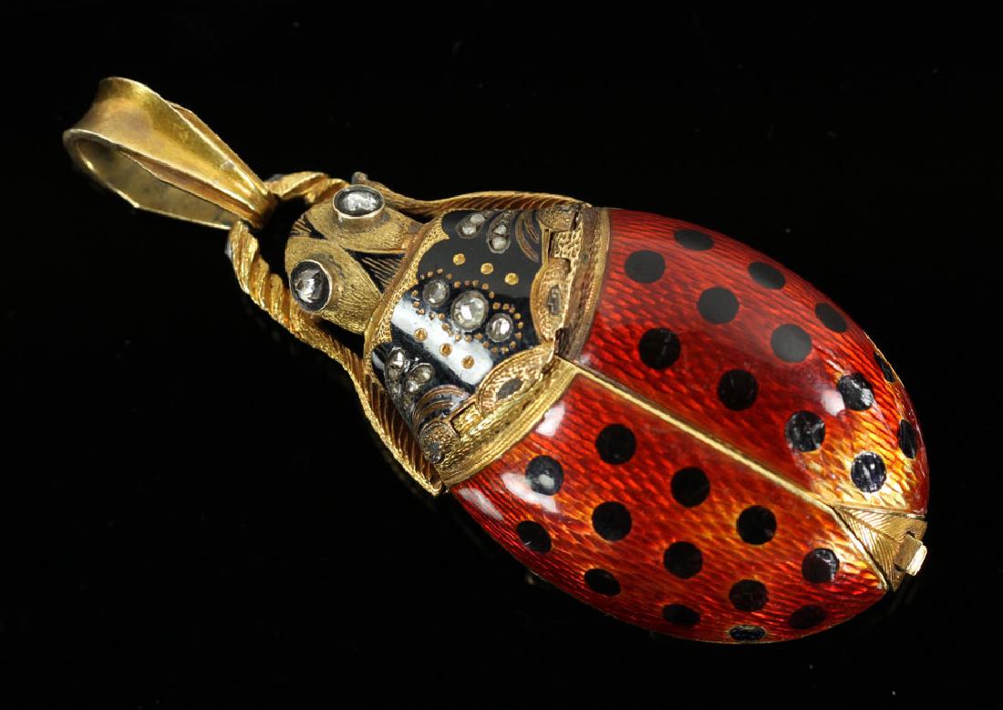 18K Gold, Enamel and Diamond Pendant Watch Case: 18K yellow gold, enamel and diamond pendant watch case, ladybug wings unfold to expose the watch, watch is included but it is not the original, 2 1/2" l x 1" w, approximately 35 grams TW (excluding mo