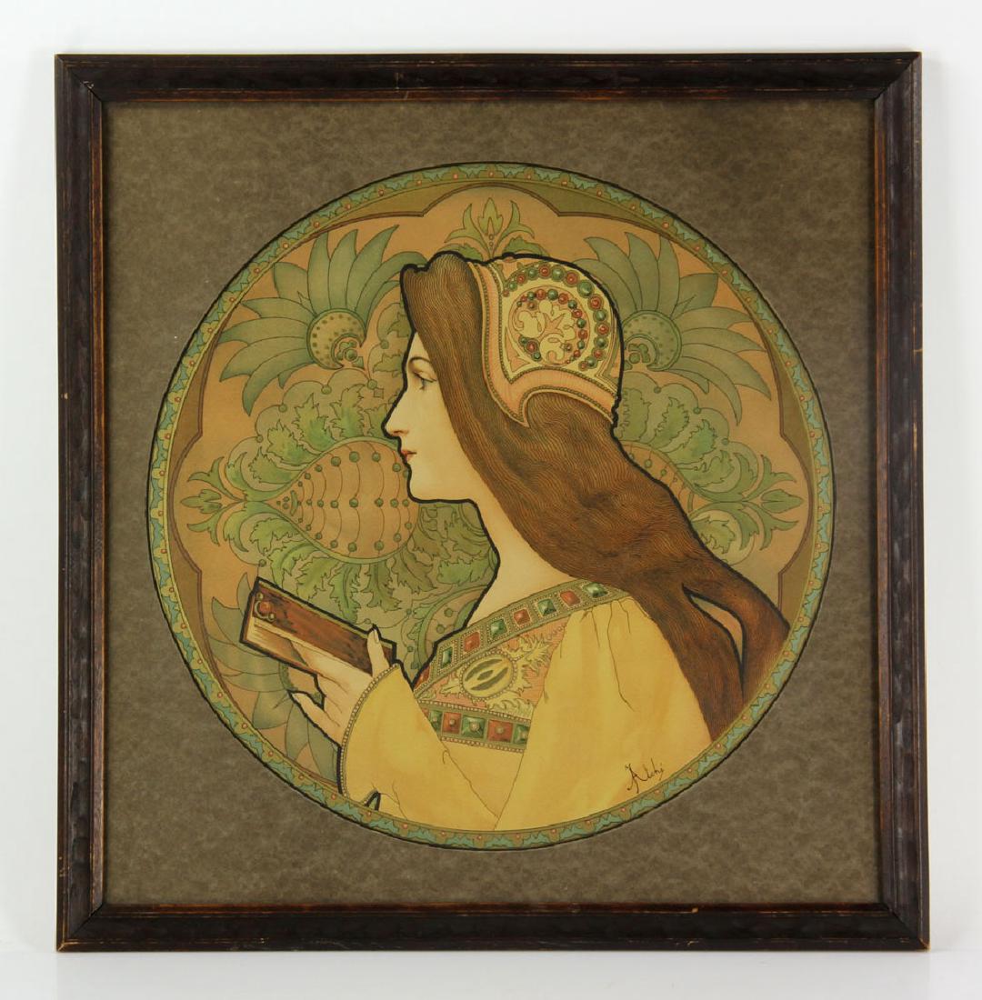 Atche, Art Nouveau Colored Print: Jane Atche (French, 1872-1937), young woman in profile holding book, colored print, signed lower right, framed under glass, 13 7/8" dia (image), 18 1/4" h x 17 1/2" w (frame). Provenance: From a Massa