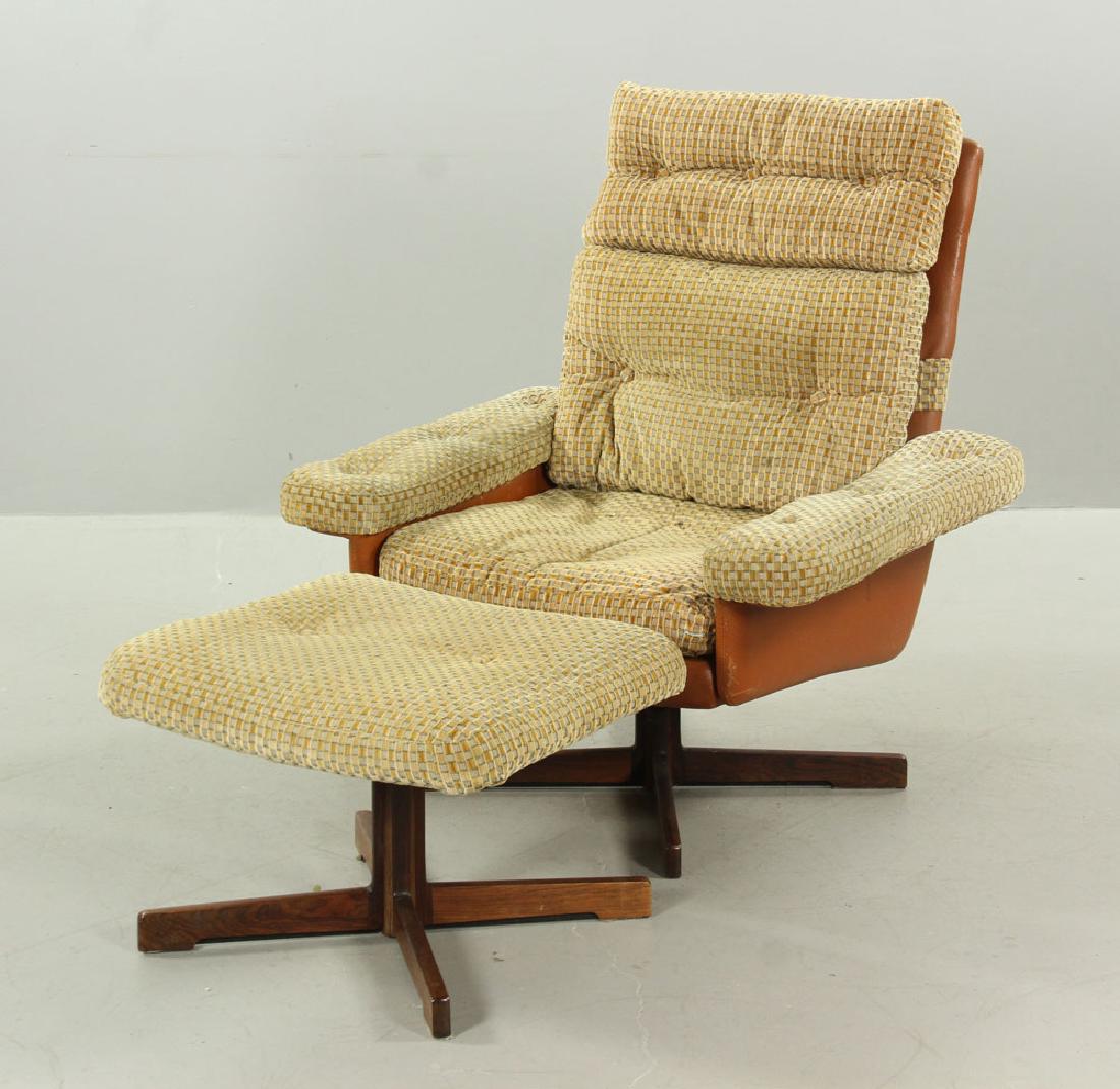 Attr. Ib Kofod-Larsen Lounge Chair and Ottoman: Attributed to Ib Kofod-Larsen, reclining lounge chair and ottoman, rosewood with tufted pillow fabric, chair 37 1/2" h, ottoman 15 1/2" h. Provenance: From a Massachusetts estate.