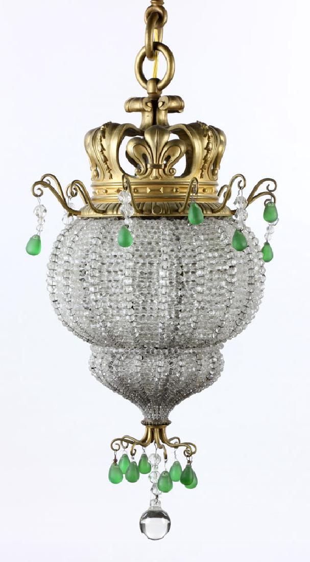 Crystal Chandelier: Crystal chandelier with green balls, 27" h x 12" w. Provenance: From the lifetime collection of Cheryl Burke of Sarasota, Florida.