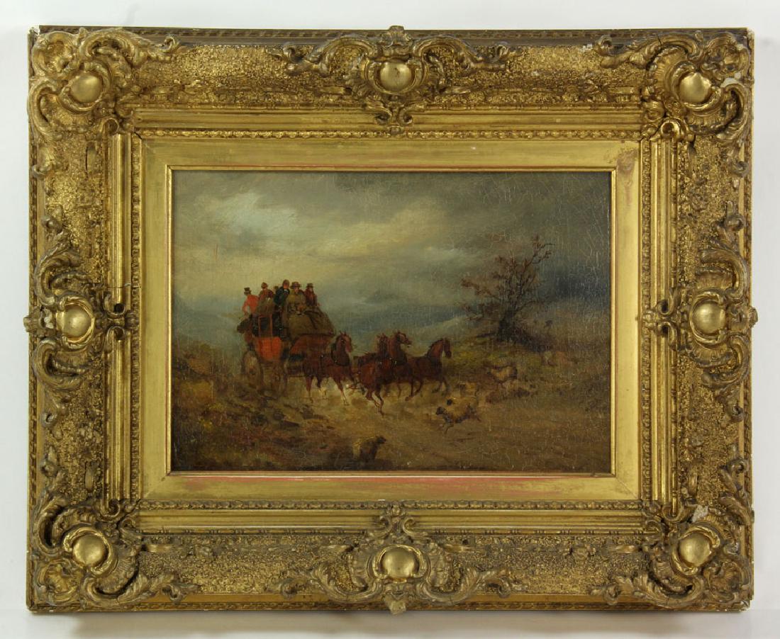 Alken, Derby Mail Coach, Oil on Canvas: Henry Alken (English, 1785-1851), Derby mail coach, oil on canvas, in original frame, 9 1/4" h x 12 1/4" w (view), 15" h x 19" w (frame). Provenance: From a Massachusetts collection.