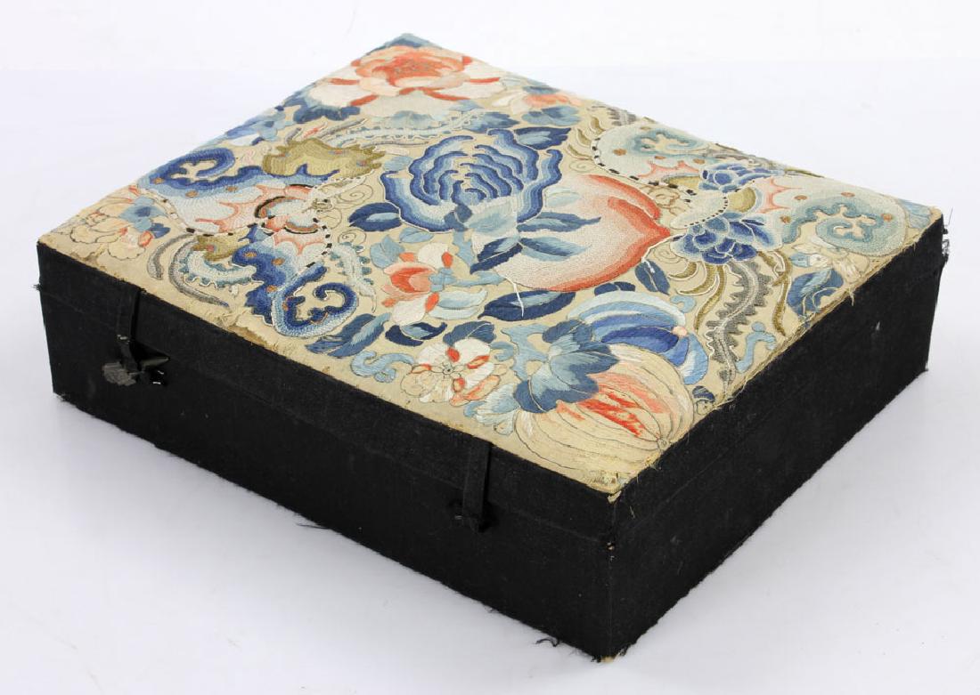 Chinese Jewelry Box: Chinese jewelry box, Forbidden Stitch, early 1800s. Provenance: From the lifetime collection of Cheryl Burke of Sarasota, Florida.