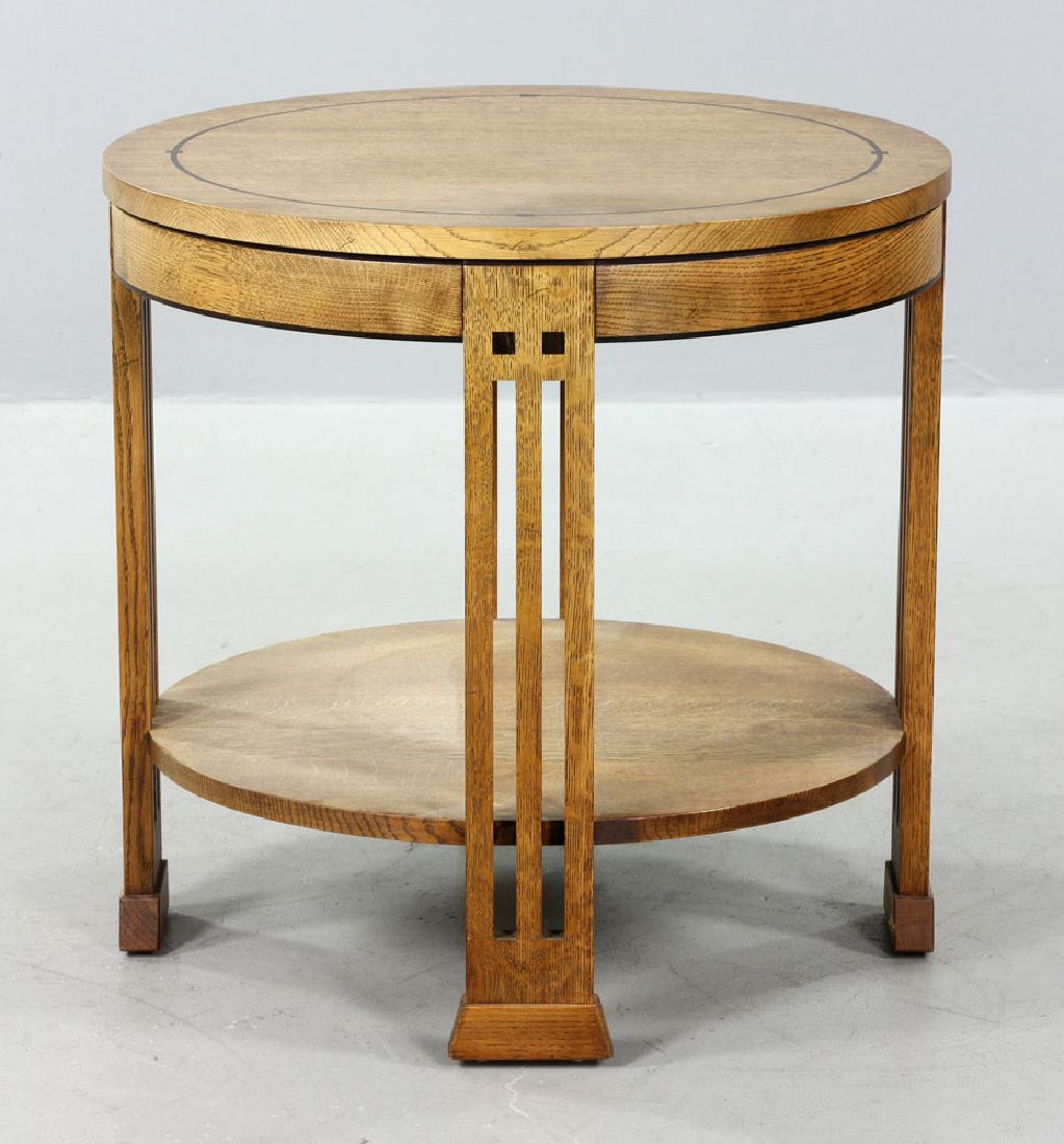 Stickley Inlaid Oak Tabouret Table: Stickley tabouret table, inlaid oak, branded and labeled "Stickley," 24" h x 25" dia.