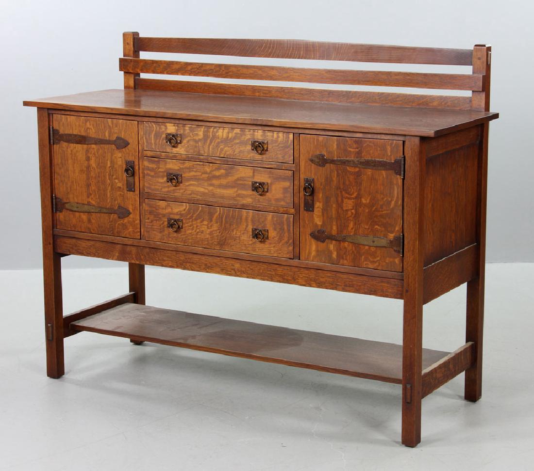 Stickley Oak Sideboard: Stickley sideboard, oak with hammered copper hardware, signed "Warren Hile Studios, Monrovia, California," 46 1/2" h x 60" w x 21" d.