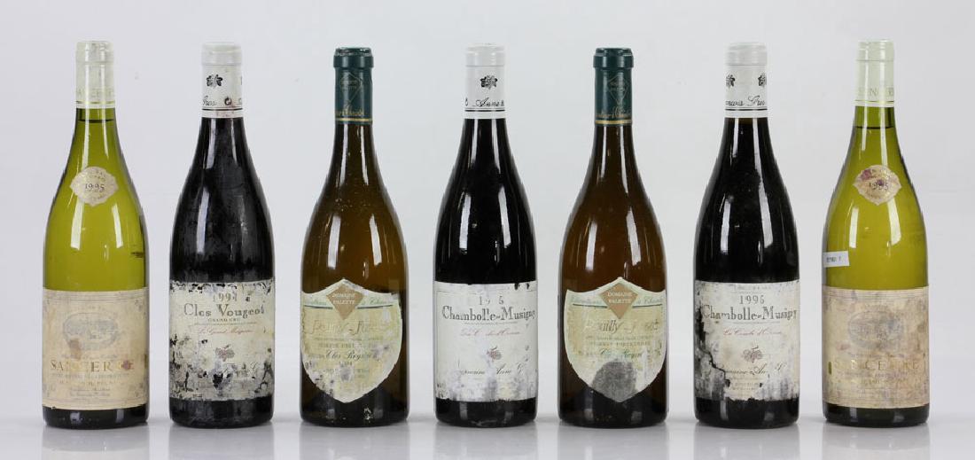 7 Assorted Bottles of Wine: Lot of seven assorted bottles of wine, to include: two bottles of 1995 Chambolle-Musigny, 1994 Clos de Vougeot, two bottles of 1995 Jean Paul Picard Sancerre, and two bottles of 1994 Clos Reyssie Poui