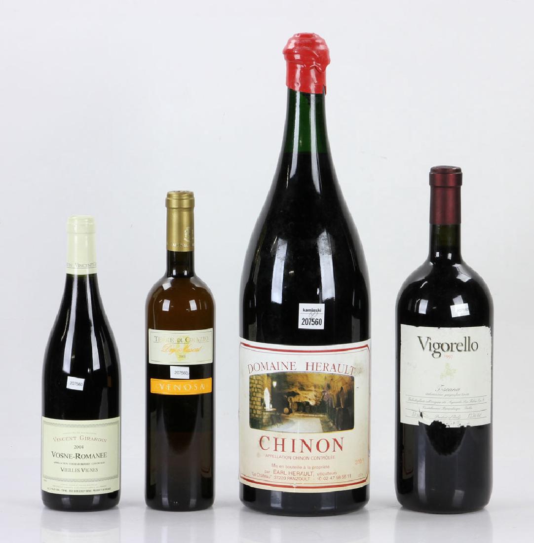 4 Assorted Bottles of Wine: Lot of four assorted bottles of wine, to include: Rhiannon 300 cl, 1997 Vigorello Toscana, 2004 Girardin Vosne-Romnee, and 2008 Terre di Orazio Dry Muscat. Provenance: From the collection of Nina del 