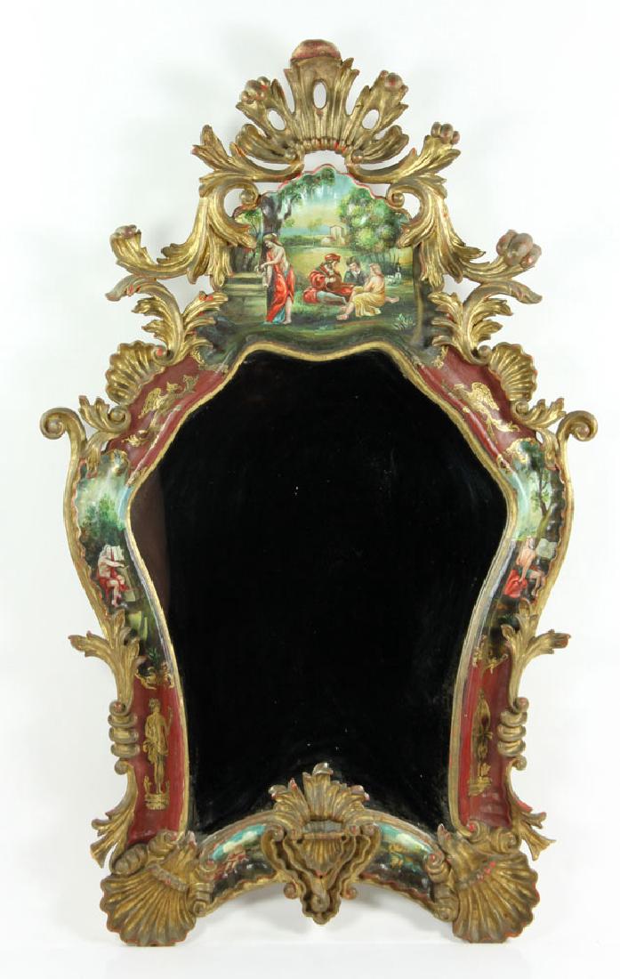 Italian Gilt Wood Mirror: Italian mirror, gilt wood, hand painted with classical scenes, 34 3/4" h x 21 3/4" w.