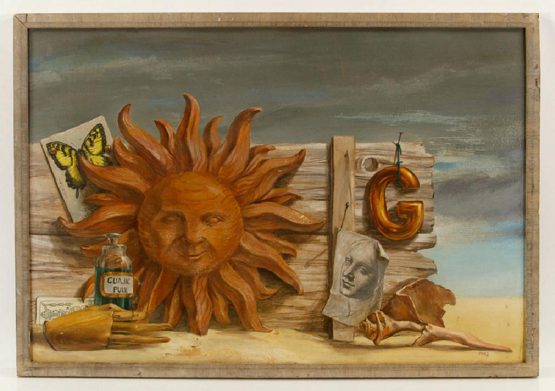 Nosoff, Surrealist View, Acrylic on Board: Frank Nosoff (American, 20th century), mid century Modern surrealistic view, acrylic on board, signed lower right, 17 3/4" h x 26 1/2" w (view), 19 1/2" h x 28" w (frame). Provenance: From a New York 
