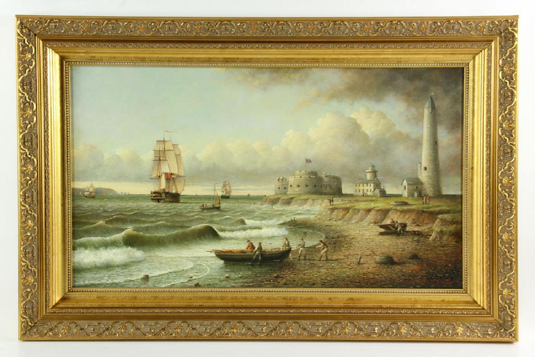 Coole, Hurst Castle, Oil on Canvas: Brian Coole (British, 1939-), Hurst Castle, oil on canvas, depicting the titular castle near Portsmouth, England, 16 1/2" h x 29" w (view), 23 3/4" h x 36 1/2" w (frame). Built bewteen 1541-1544 to pr