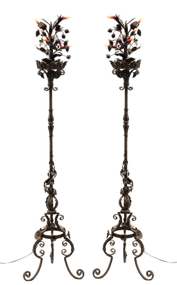 Pr. Wrought Iron Floral Torchiere Style Lamps (1 of 10)