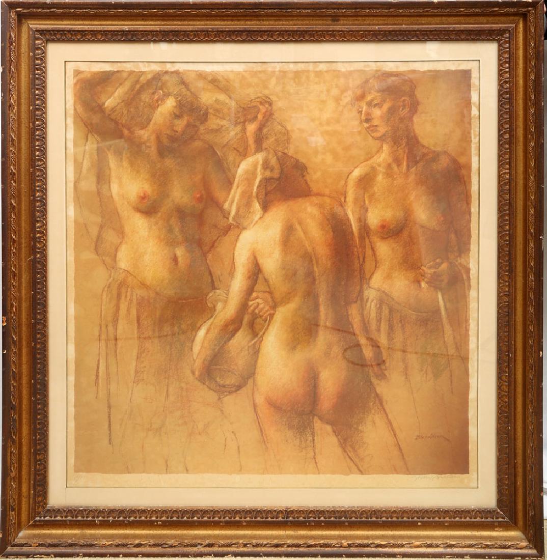 Brackman, Three Nudes, Print: Robert Brackman (American, 1898-1980), three nudes, print, signed in pencil and editioned 51/100, 43" high x 41" wide (frame). Provenance: from a South Ocean Blvd, Palm Beach estate.