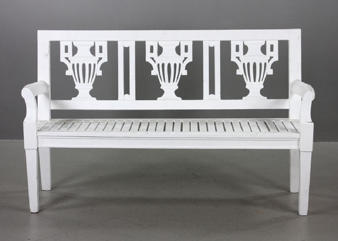 English Garden Bench: English garden bench, painted white, 36 1/4" h x 61" w x 21" d. Provenance: From the lifetime collection of Cheryl Burke of Sarasota, Florida.