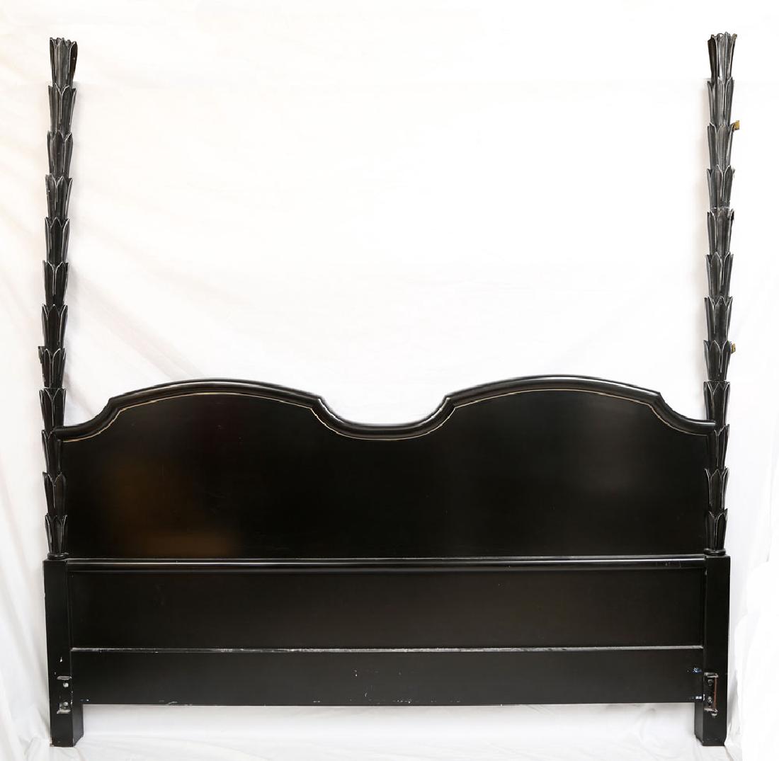 Leaf Post Headboard: Leaf post headboard, black painted wood with silver highlights, circa 1960's-1970's, 82" high x 80" wide. Provenance: from a South Ocean Blvd, Palm Beach estate.