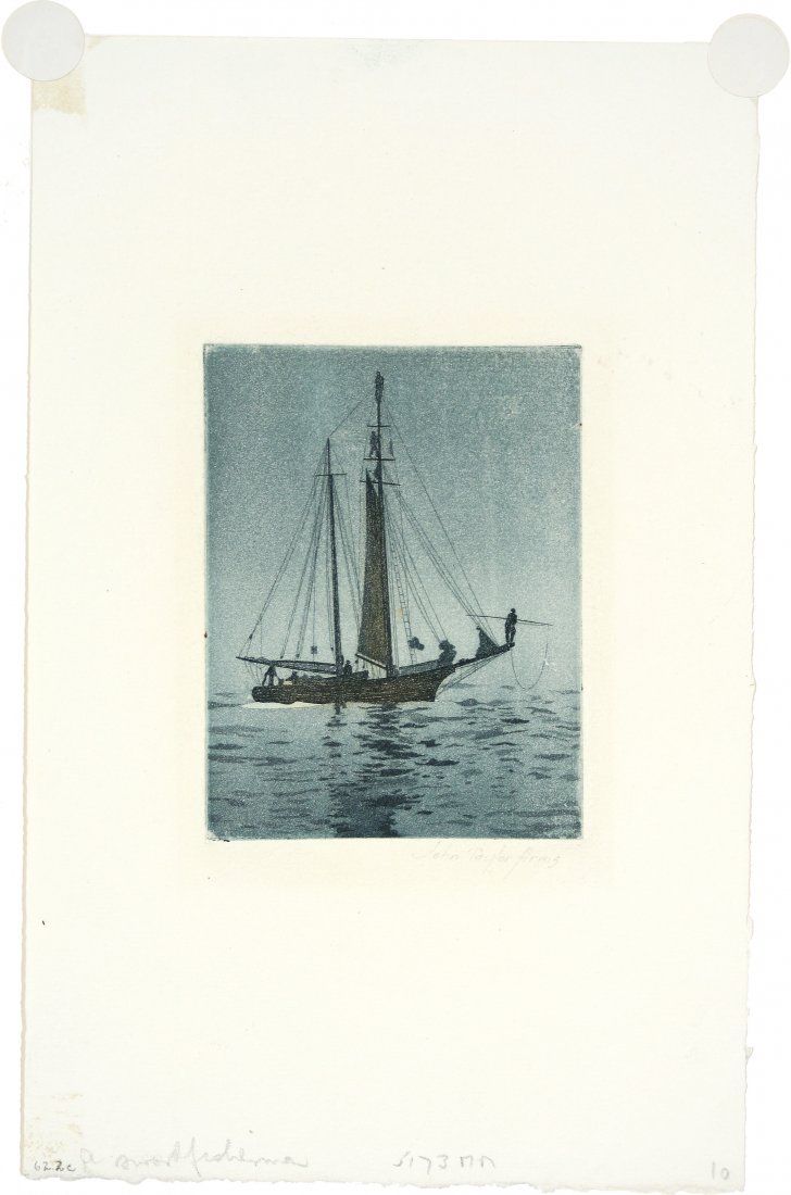 John Taylor ARMS - A Swordfisherman, Nantucket (color: John Taylor ARMS (American, 1887-1953) A Swordfisherman, Nantucket (color version). Etching and aquatint. 1920. Ed 75 in black and 100 in color. 3-7/8 x 3 inches.
