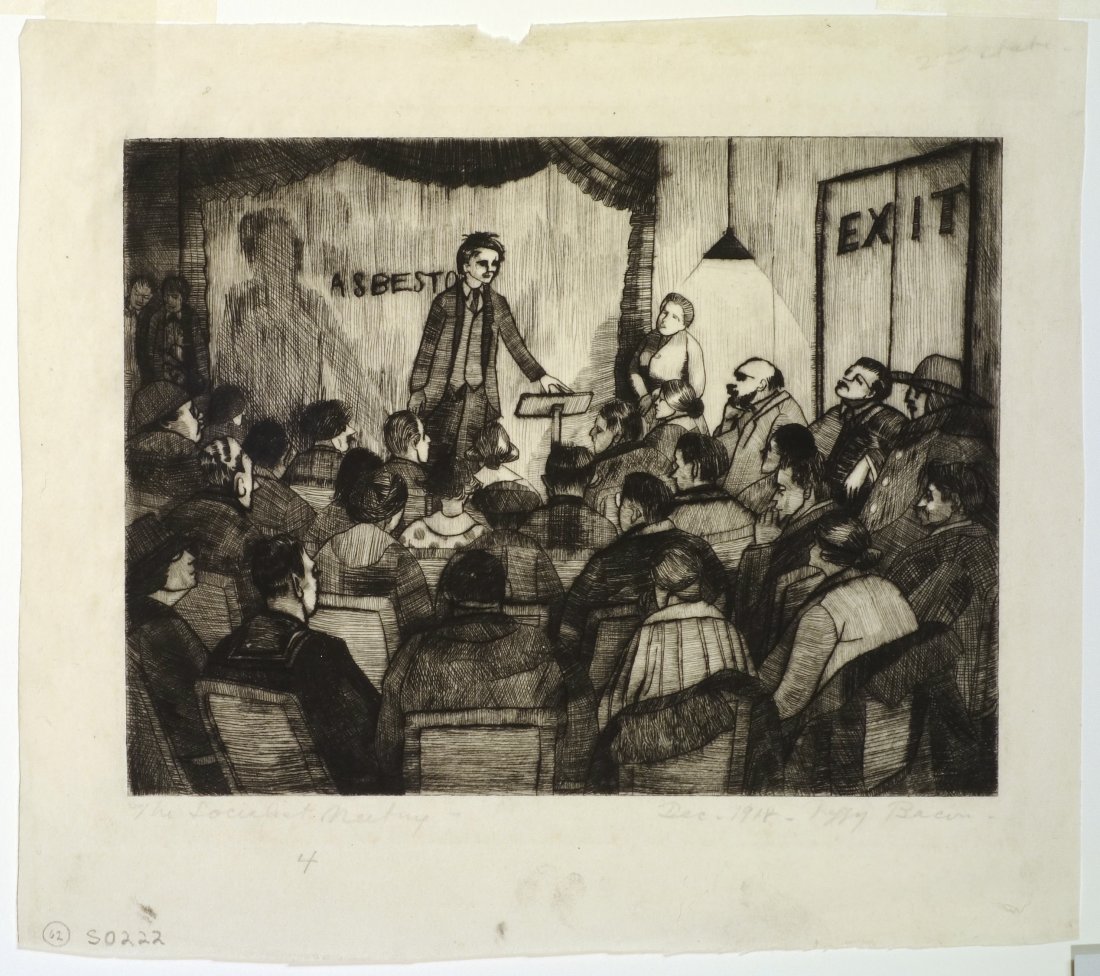 Peggy BACON - The Socialist Meeting: Peggy BACON (American, 1895-1989) The Socialist Meeting. Drypoint. 1918. Signed in pencil. Edition unstated. 6 x 8 inches.