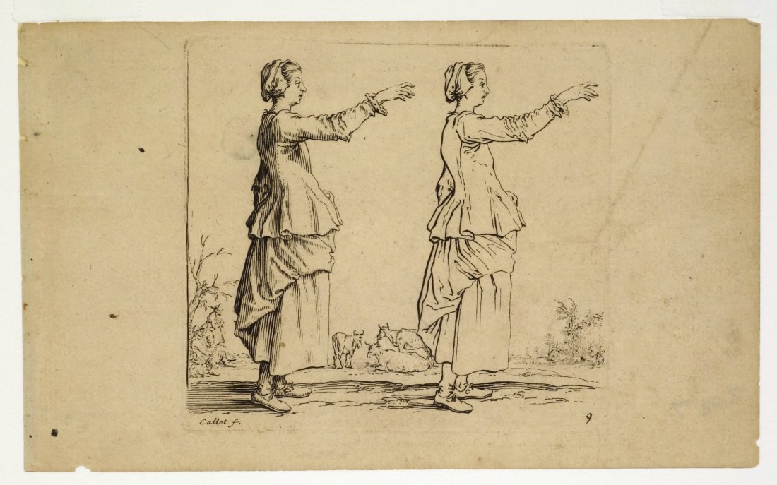 Jacques CALLOT - 2 plates from VARIOUS FIGURES: Jacques CALLOT (French, 1592-1635) 2 plates from VARIOUS FIGURES. Etching. Ca. 1617-23. Edition unstated. Each ca. 3-1/2 x 3-1/4 inches.