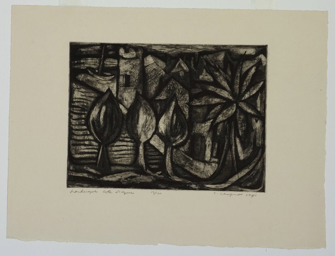 SIdney CHAFETZ - Landscape Cote d'Azure: SIdney CHAFETZ (American, b. 1922) Landscape Cote d'Azure. Etching and Aquatint. 1951. Signed in pencil. 17/20. 7 x 9-3/8 inches.
