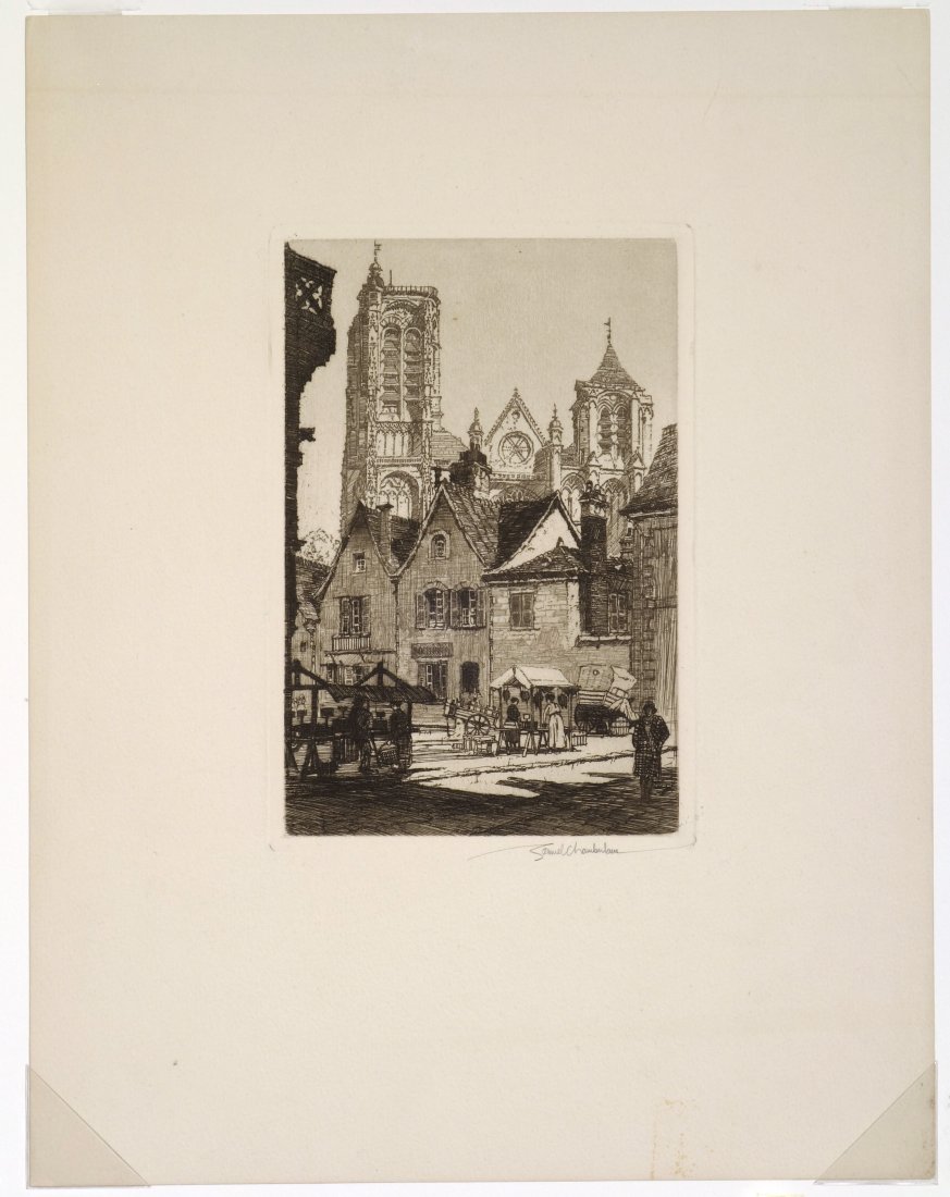 Samuel CHAMBERLAIN - The Market Place at Bourges: Samuel CHAMBERLAIN (American, 1895-1975) The Market Place at Bourges. Etching. 1928. Signed in pencil. Edition unstated. 6-3/4 x 5-3/8 inches.