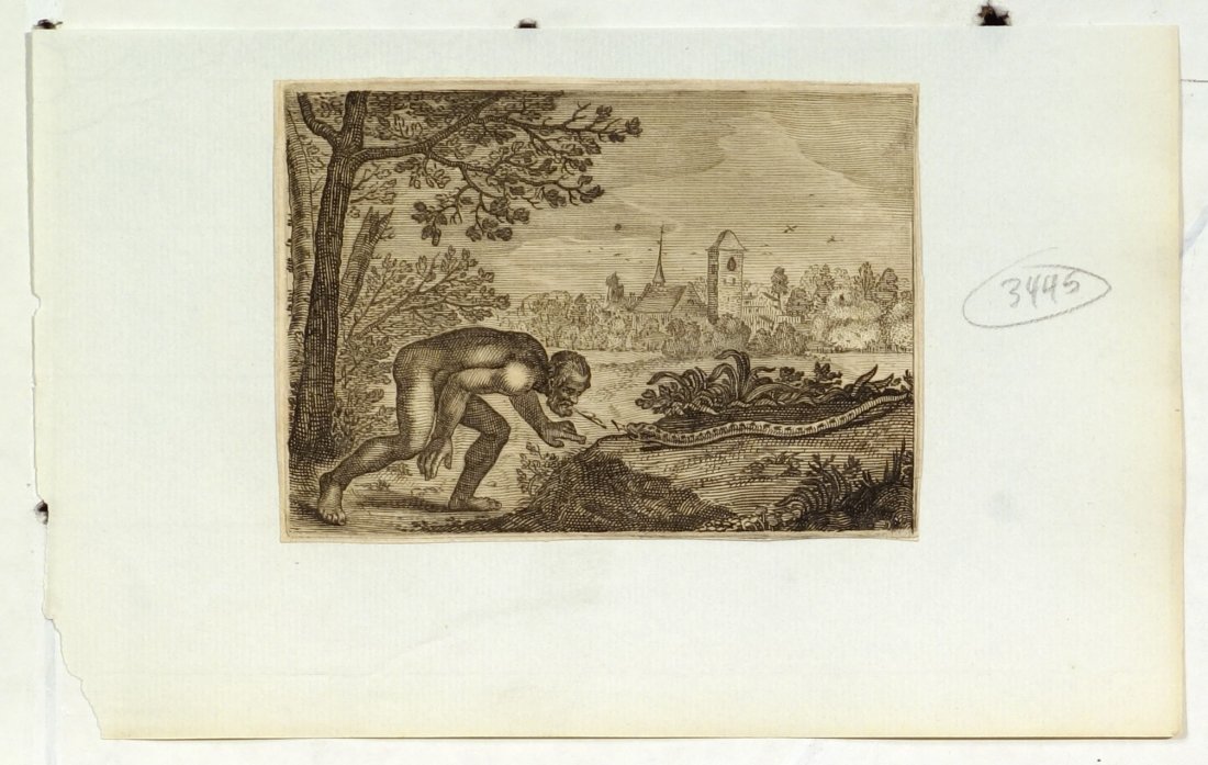 Romeyn DE HOOGHE - Man and Snake & Snake Eating Snake,: Romeyn DE HOOGHE (Dutch, 1645-1708) Man and Snake & Snake Eating Snake, both from FABLES OF LA FONTAINE. Etching. 3 x 4 inches.