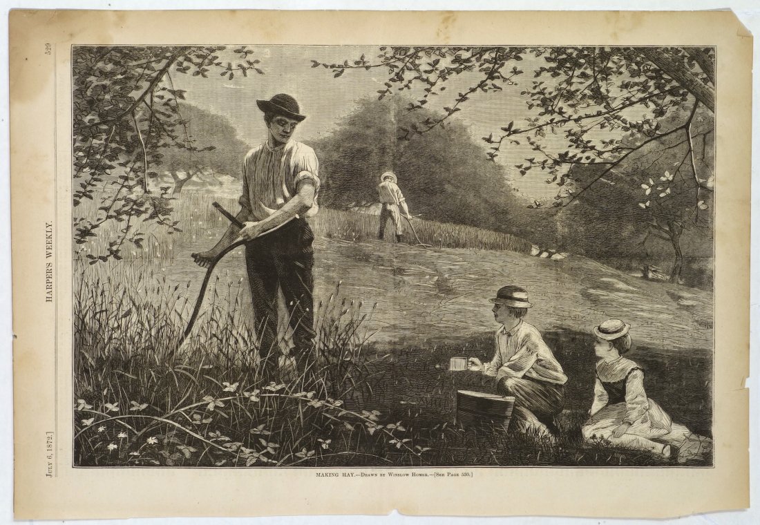 (after) Winslow HOMER - Making Hay: (after) Winslow HOMER (American, 1836-1910) Making Hay. Wood engraving. 1872. Published state. 9-1/8 x 13-7/8 inches.