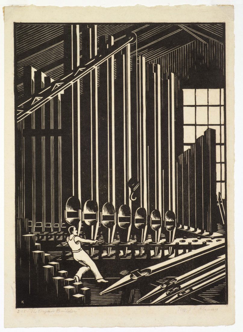 William J.C. KLAMM - The Organ Builder: William J.C. KLAMM (American [Northwest], 1888-1976) The Organ Builder. Linocut. Signed in pencil.