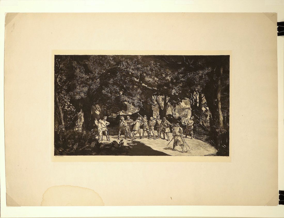 Max KLINGER - Simplicius Unter den Soldaten (Simplicius: Max KLINGER (German, 1857-1920) Simplicius Unter den Soldaten (Simplicius Among the Soldiers), Opus IV, INTERMEZZI. Etching. 1879-81. 10-1/2 x 16-1/2 inches.