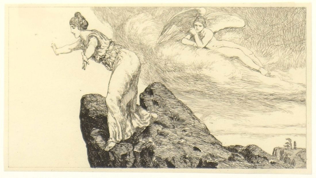 Max KLINGER - Opus V, Plate 20: The Sister Throwing: Max KLINGER (German, 1857-1920) Opus V, Plate 20: The Sister Throwing Herself from the Rock from OF LOVE AND PSYCHE. Etching. 1880. 2-1/2 x 4-1/2 inches..