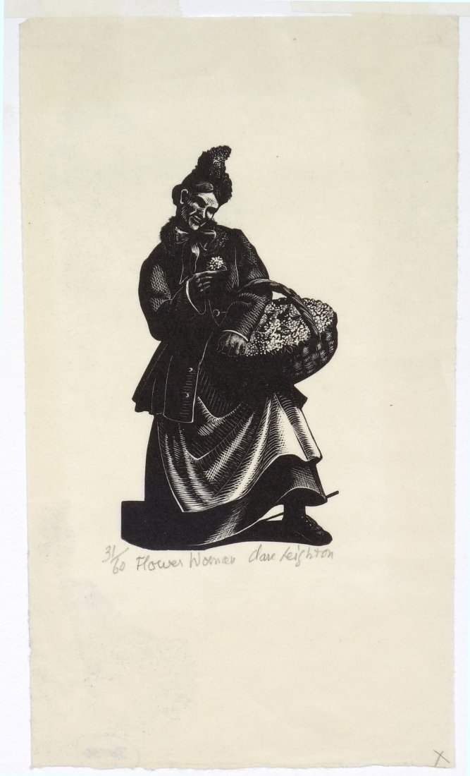 Clare LEIGHTON - Flower Woman (for COUNTRY MATTERS): Clare LEIGHTON (British / American, 1898-1989) Flower Woman (for COUNTRY MATTERS). Wood engraving. 1937. Signed in pencil. Edition 31/60. 2-1/2 x 4 inches.