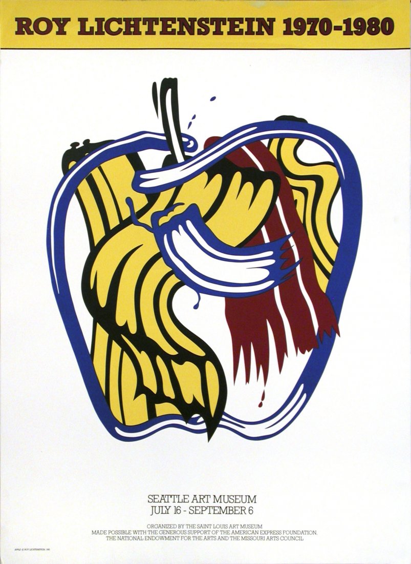 Roy LICHTENSTEIN - Apple - Poster for Seattle Art: Roy LICHTENSTEIN (American, 1923-1997) Apple - Poster for Seattle Art Museum, July 16 - September 6. Original color lithograph. 1981. Edition Ca. 3800. 35 x 25-1/2 inches.