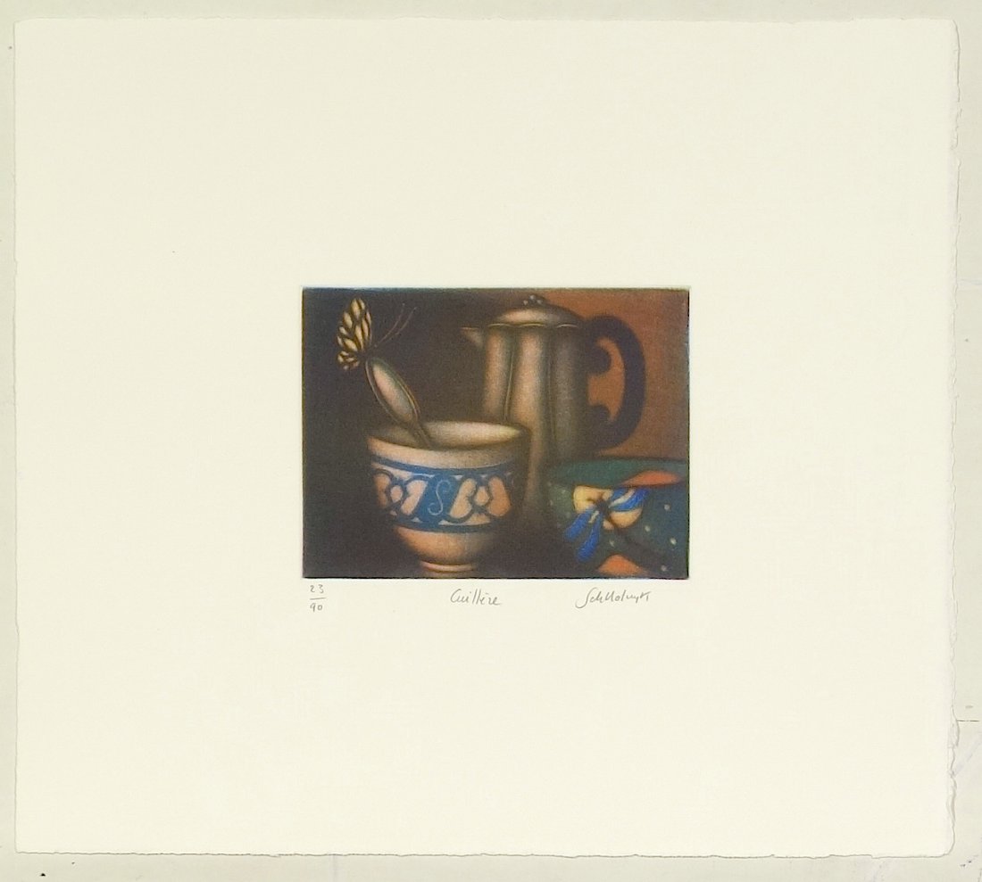 Laurent SCHKOLNYK - Cuillere: Laurent SCHKOLNYK (French, b. 1953) Cuillère. Color mezzotint. Signed in pencil. Edition 23/90. 3-1/2 x 4-1/2 inches.
