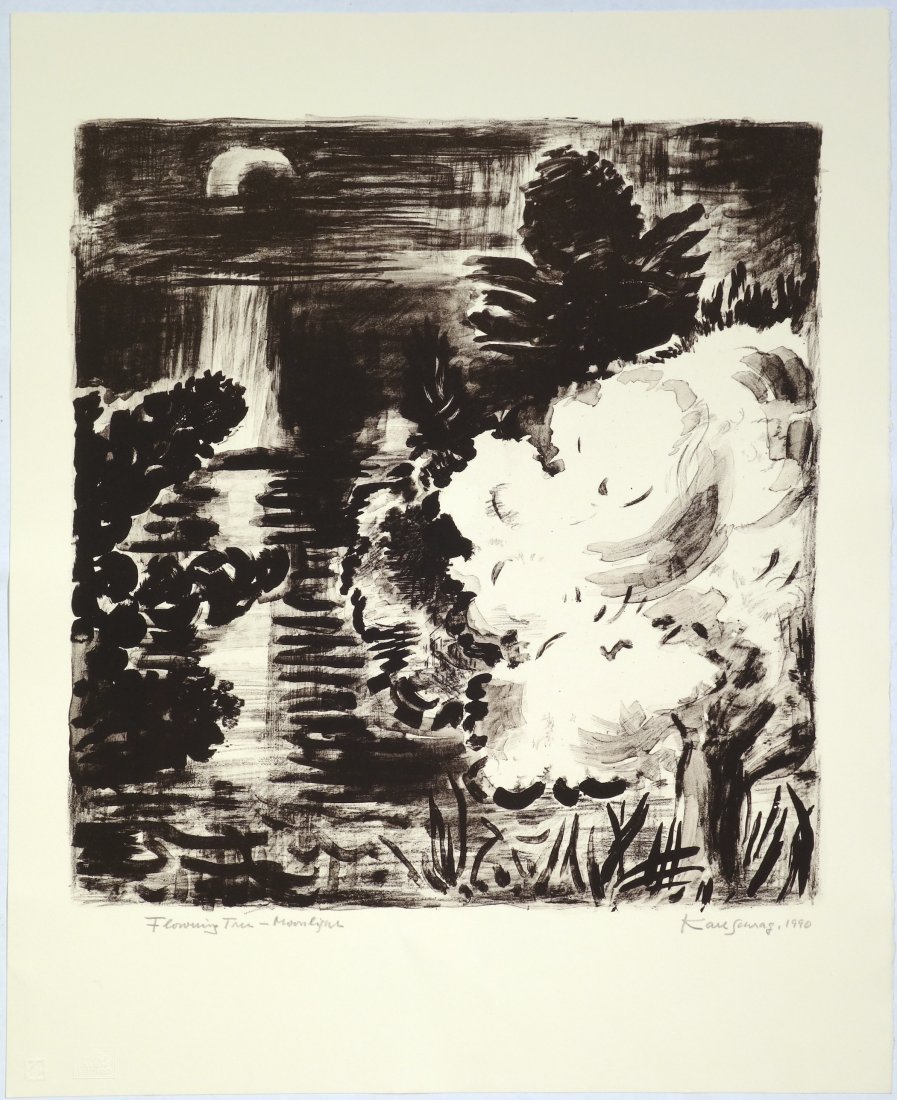 Karl SCHRAG - Flowering Tree - Moonlight: Karl SCHRAG (German / American, 1912-1995) Flowering Tree - Moonlight. Lithograph. 1990. Signed in pencil. 19-1/2 x 18 inches.