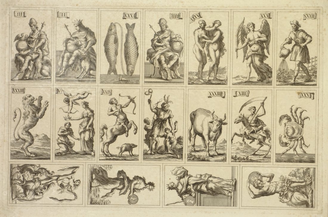 UNIDENTIFIED - Uncut cards (zodiac? alchemy? tarot?): UNIDENTIFIED Uncut cards (zodiac? alchemy? tarot?). Engraving. 10-1/4 x 16 inches (each).