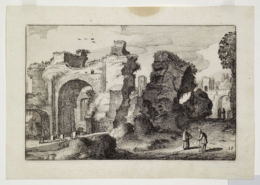Jan VAN DE VELDE II - Ruins of the Thermae of: Jan VAN DE VELDE II (Dutch, Ca. 1592-1641) Ruins of the Thermae of Caracalla, pl. 10 from LANDSCAPE series. Etching. 1616. Edition unstated. 4-3/4 x 7-3/8 inches.