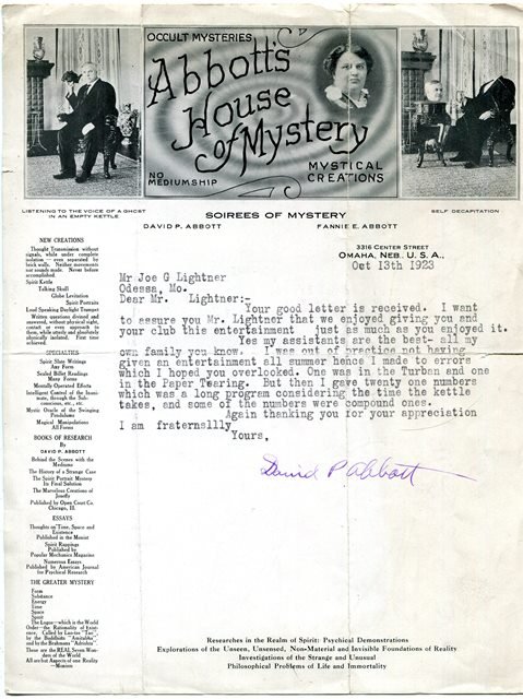 TLS-DAVID P. ABBOTT-ENDEARING CONTENT: TYPEWRITTEN, SIGNED LETTER, WRITTEN BY DAVID P. ABBOTT, MAGICIAN, AUTHOR , AND INVENTOR WHO CREATED SUCH EFFECTS AS THE FLOATING BALL. LETTER REVEALS AN ENDEARING HUMILITY BY A MASTER OF HIS CRAFT. LE