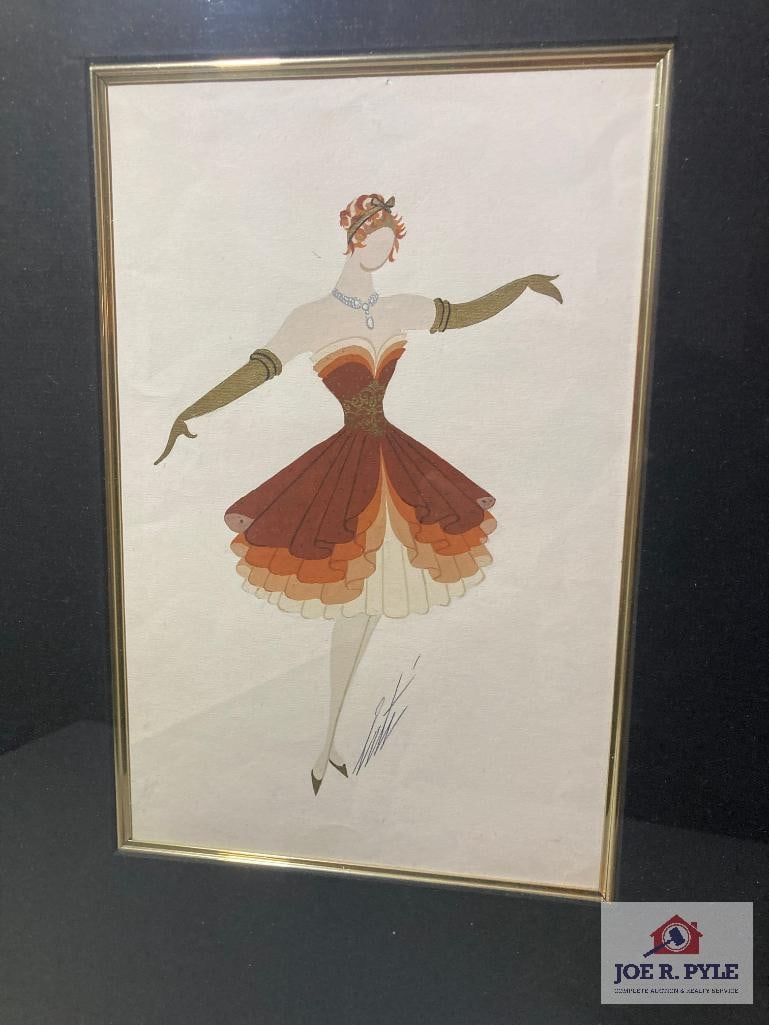 Erte 'Short Tiered Brown Dress' Circa 1930: Gouache painting on paper; Signed, titled and stamped; 7.5 x 11.5; Framed to 24.5 x 24.5 ** Offered with reserve. **