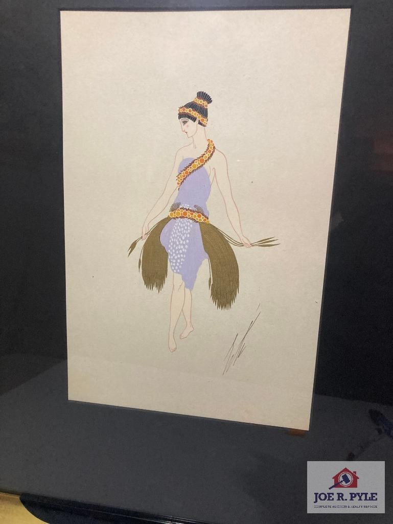 Erte 'Les Idalet' Circa 1930: Gouache painting on paper; Signed, titled and stamped; 12.5 x 8.5; Framed to 24.5 x 24.5 ** Offered with reserve. **