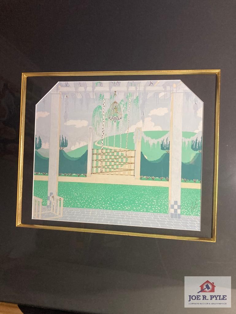 Erte 'D?cor Theatre Femina' 1917: Gouache painting on paper; Signed, titled and stamped; 9.5 x 11.5; Framed to 24.5 x 24.5 ** Offered with reserve. **