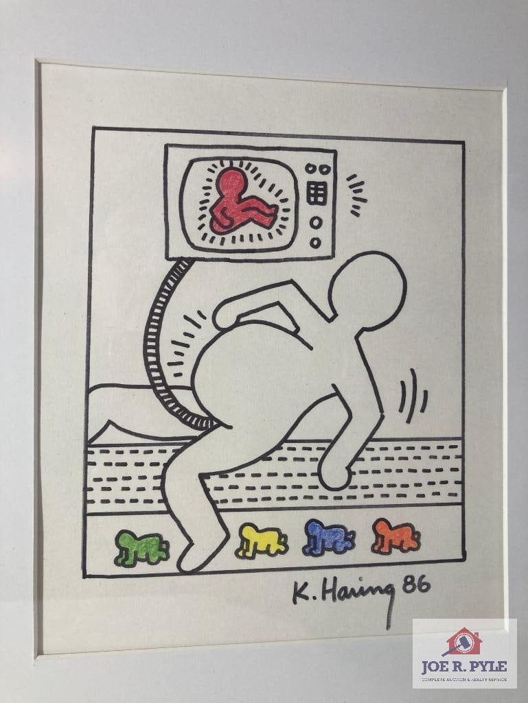 Original Drawing by Keith Haring 1986: Signed; marker and colored pencil on paper; 6.5 x 5.75; Framed to 18.5 x 15.75 ** Offered with reserve. **