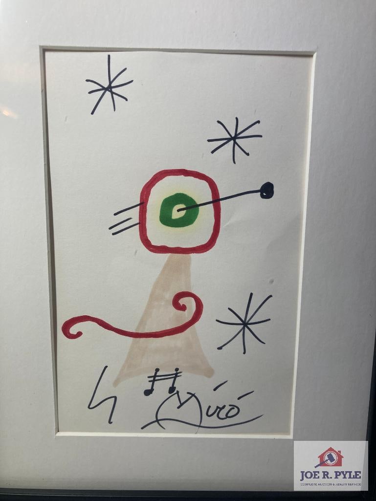 Drawing by Joan Miro: Signed; 4.5 x 7; Framed to 11 x 13 ** Offered with reserve. **