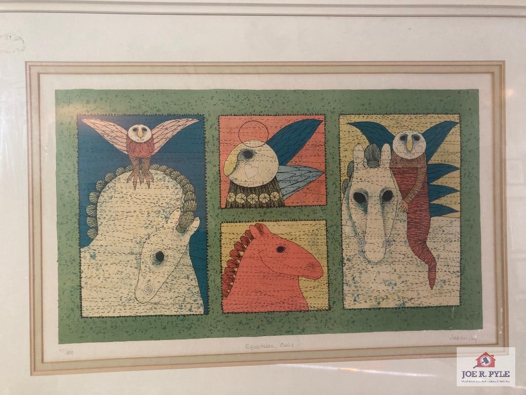 Carol Jabonsky "Equestrian Owls": Signed; 117/300; 23 x 15; Framed to 32 x 23