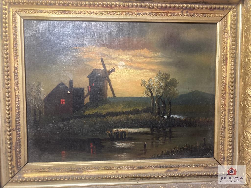 Oil on canvas "Windmill": Signed; 12 x 9; Framed to 17 x 14; frame has damage