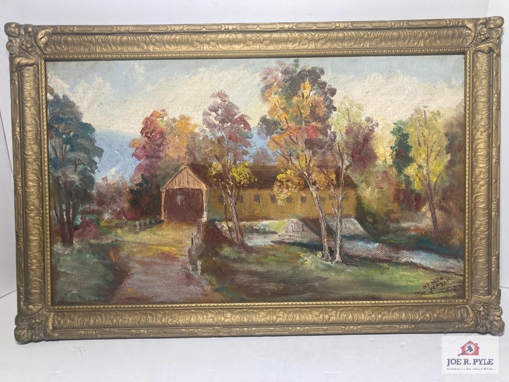 Oil on board signed Veasak "Covered bridge": Signed; 19.5 x11.5; Framed to 22.5 x 14.5