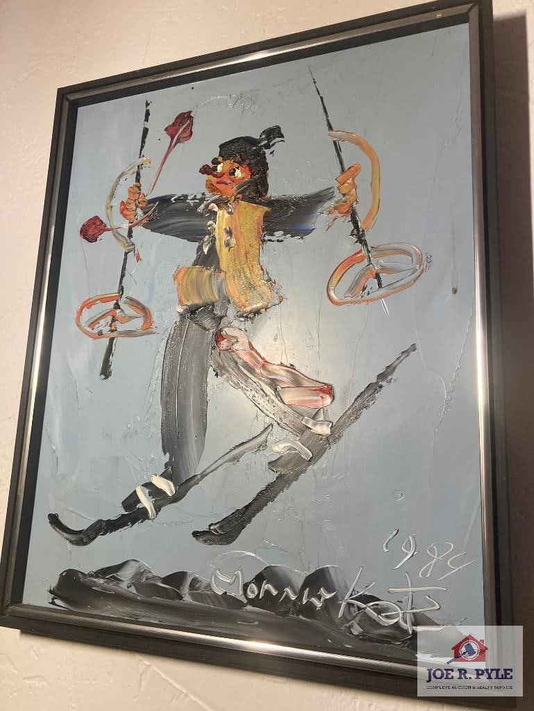 Morris Katz Skiing Clown: Signed; oil on board; 21 x 17